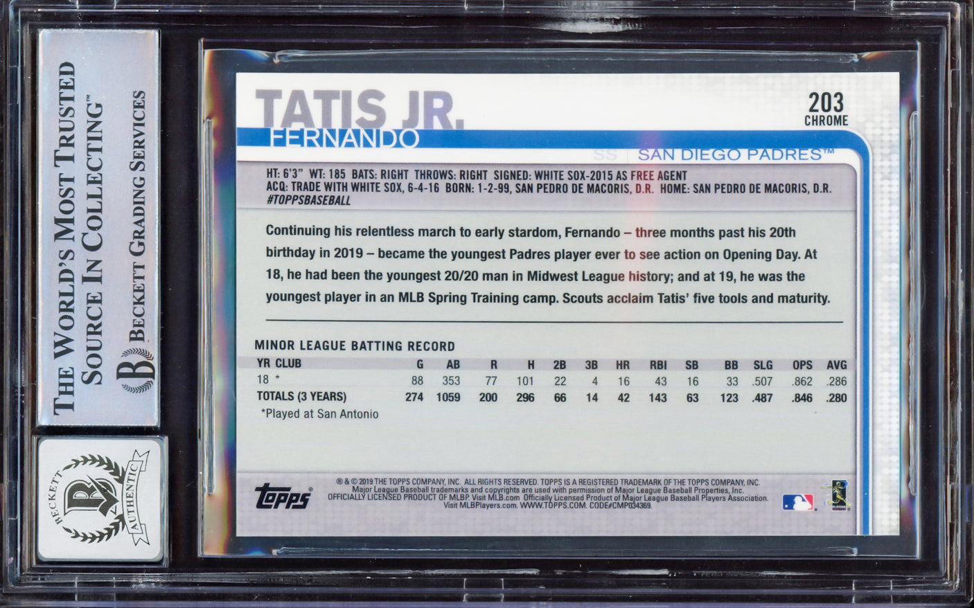 Fernando Tatis Jr. Autographed 2019 Topps Chrome Rookie Card #203 San Diego Padres BGS 9 Auto Grade Gem Mint 10 Beckett BAS Stock #212275
