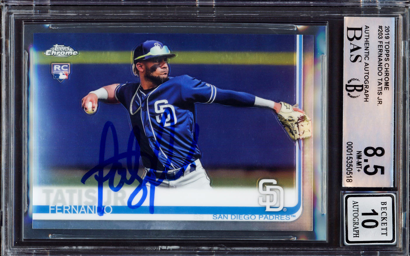 Fernando Tatis Jr. Autographed 2019 Topps Chrome Rookie Card #203 San Diego Padres BGS 8.5 Auto Grade Gem Mint 10 Beckett BAS Stock #212276
