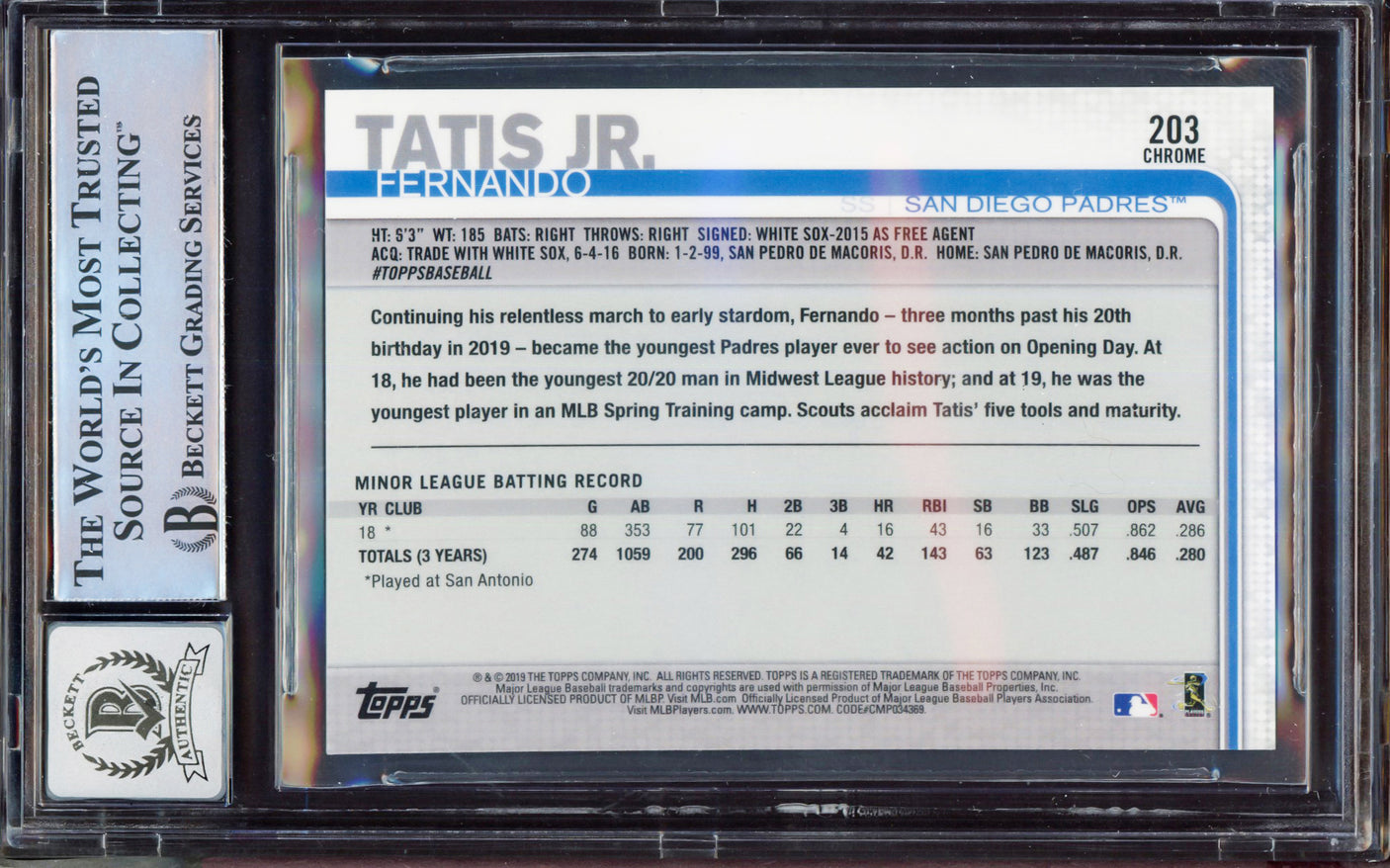Fernando Tatis Jr. Autographed 2019 Topps Chrome Rookie Card #203 San Diego Padres BGS 8.5 Auto Grade Gem Mint 10 Beckett BAS Stock #212276
