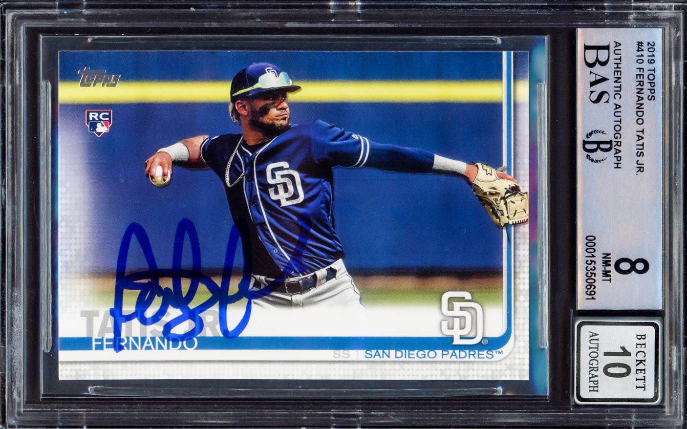 Fernando Tatis Jr. Autographed 2019 Topps Rookie Card #410 San Diego Padres BGS 8 Auto Grade Gem Mint 10 Beckett BAS Stock #212279