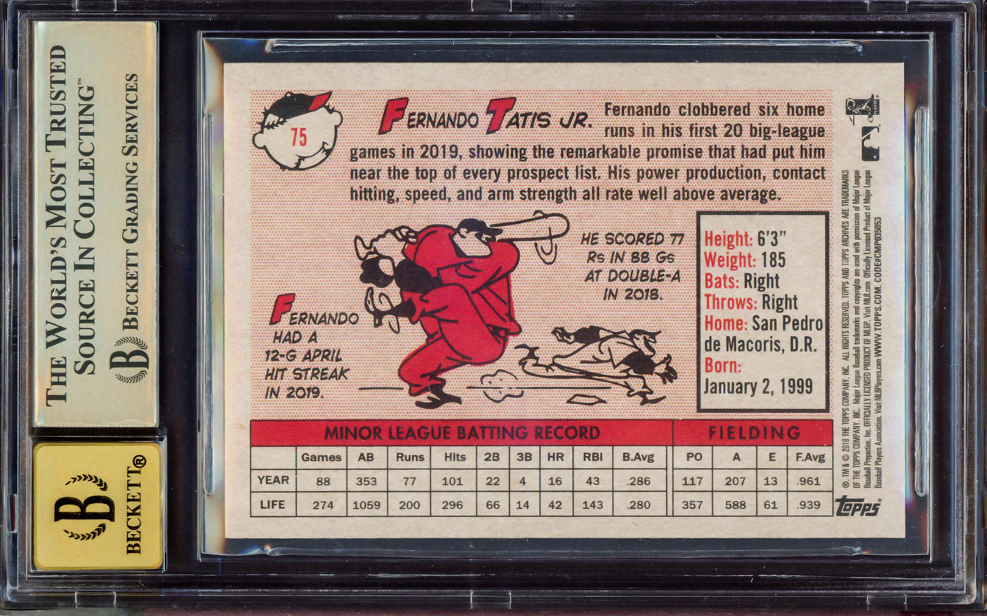 Fernando Tatis Jr. Autographed 2019 Topps Archives Rookie Card #75 San Diego Padres BGS 9.5 Auto Grade Gem Mint 10 Highest Graded Beckett BAS Stock #212284