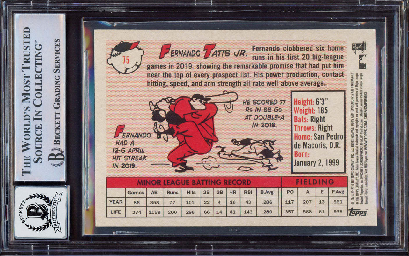 Fernando Tatis Jr. Autographed 2019 Topps Archives Rookie Card #75 San Diego Padres BGS 9 Auto Grade Gem Mint 10 Beckett BAS Stock #212285