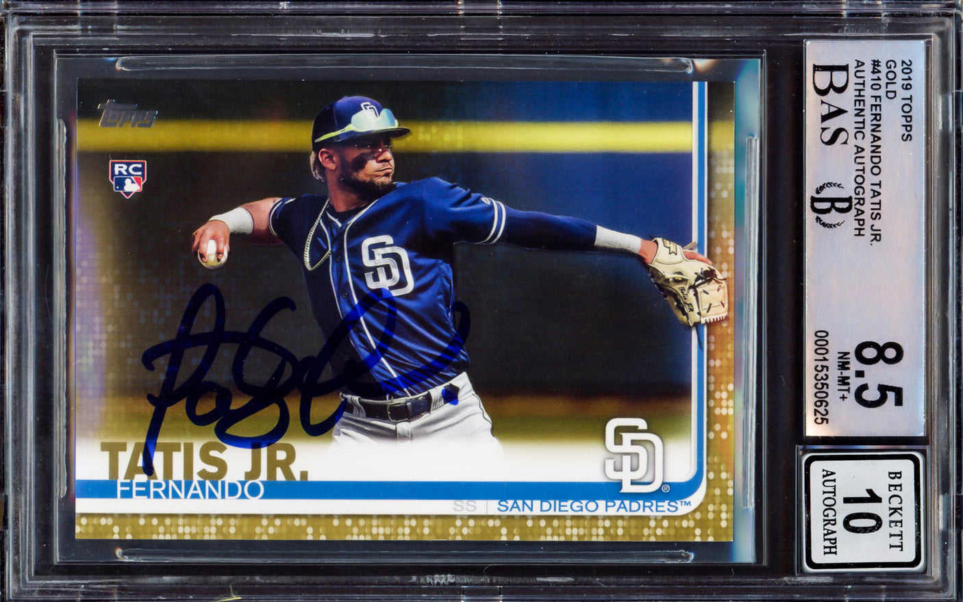 Fernando Tatis Jr. Autographed 2019 Topps Gold Rookie Card #410 San Diego Padres BGS 8.5 Auto Grade Gem Mint 10 Beckett BAS #15350625