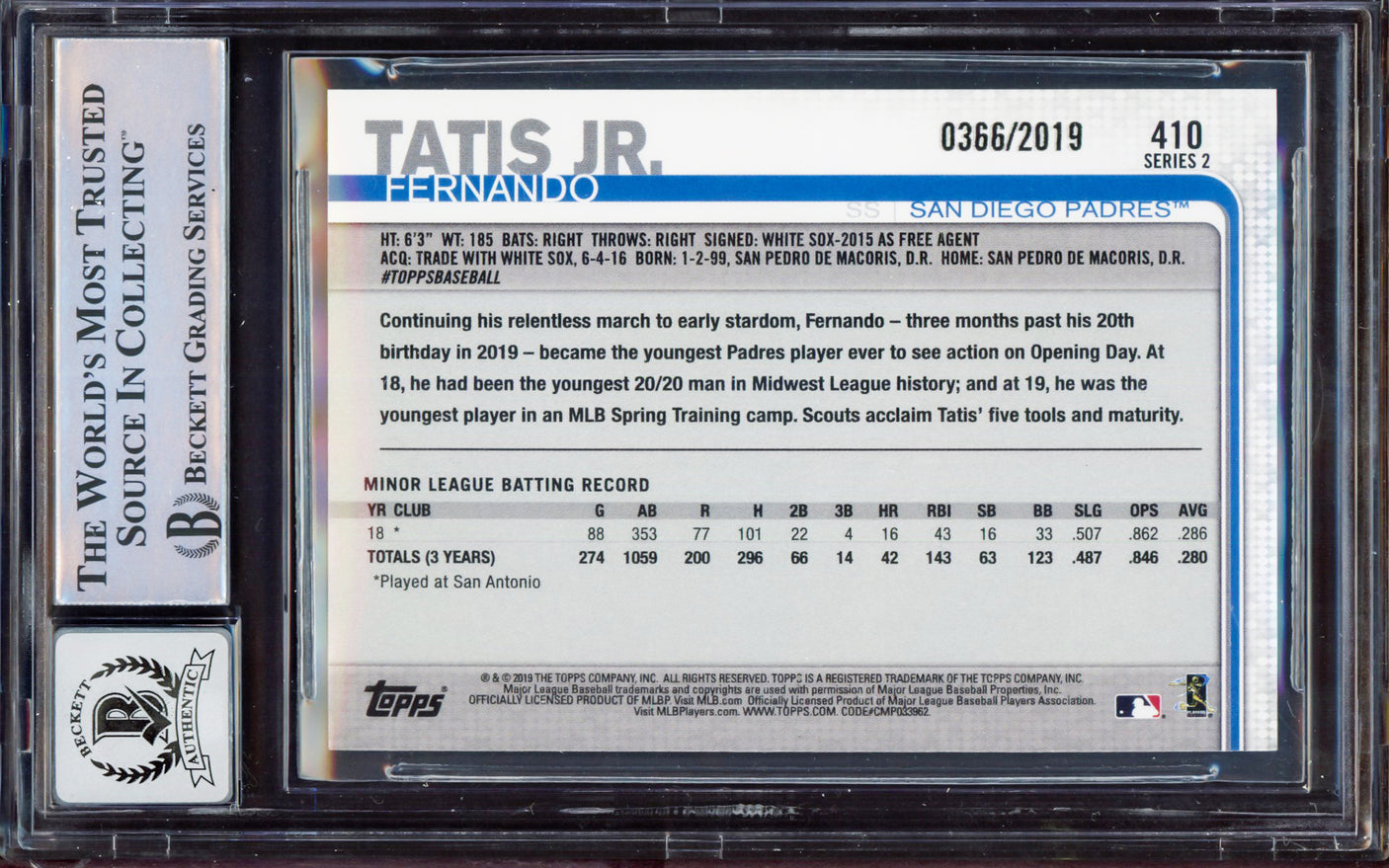 Fernando Tatis Jr. Autographed 2019 Topps Gold Rookie Card #410 San Diego Padres BGS 8.5 Auto Grade Gem Mint 10 Beckett BAS #15350625