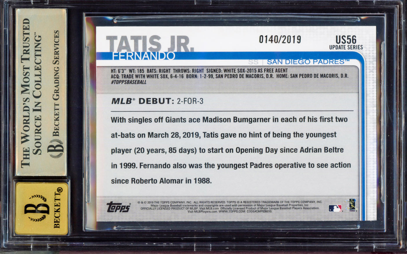 Fernando Tatis Jr. Autographed 2019 Topps Update Gold Rookie Card #US56 San Diego Padres BGS 9.5 Auto Grade Gem Mint 10 Beckett BAS #15350020