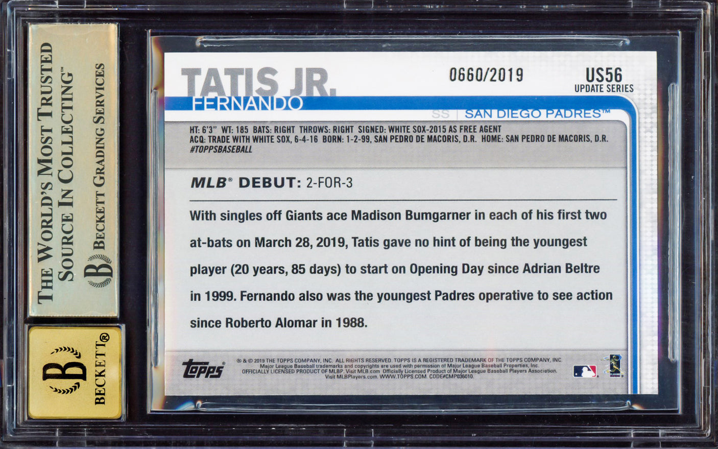 Fernando Tatis Jr. Autographed 2019 Topps Update Gold Rookie Card #US56 San Diego Padres BGS 9.5 Auto Grade Gem Mint 10 Beckett BAS #15350021