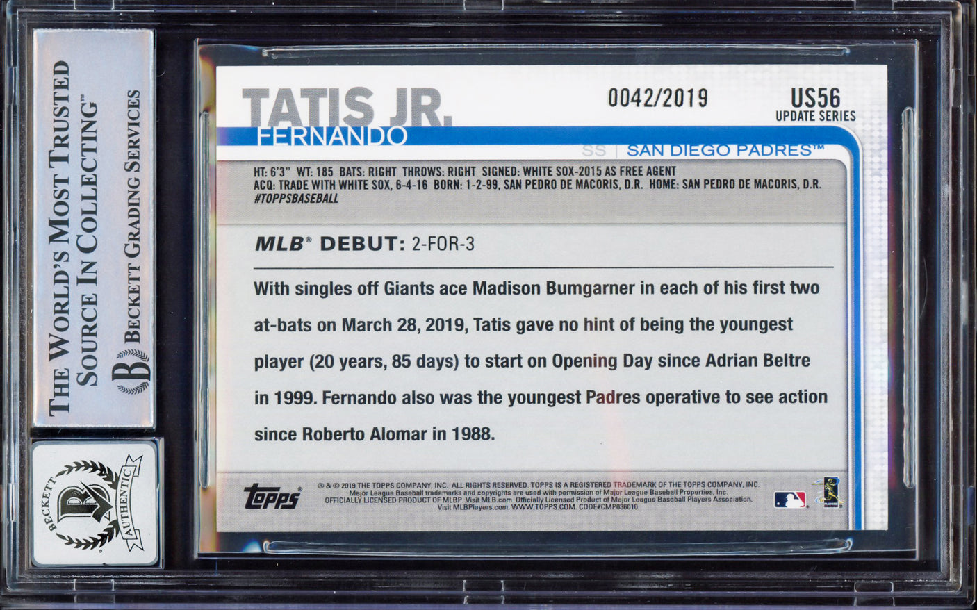 Fernando Tatis Jr. Autographed 2019 Topps Update Gold Rookie Card #US56 San Diego Padres BGS 8 Auto Grade Gem Mint 10 Beckett BAS #15350685