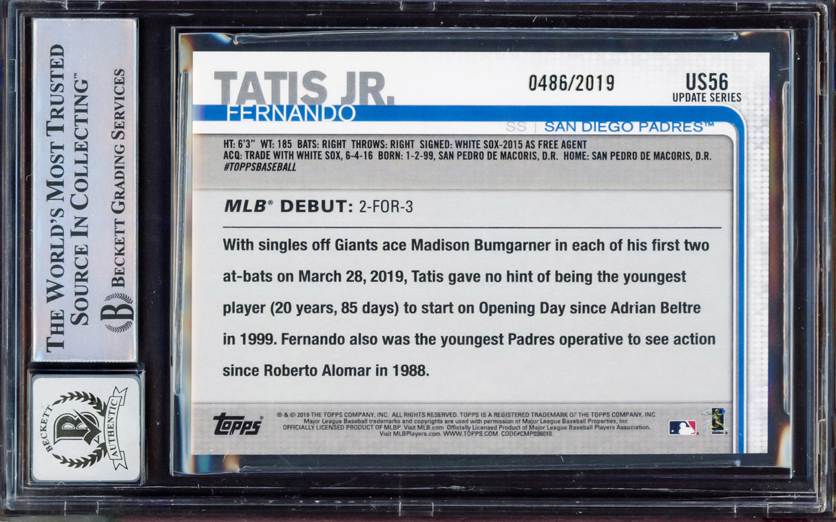 Fernando Tatis Jr. Autographed 2019 Topps Update Gold Rookie Card #US56 San Diego Padres BGS 8 Auto Grade Gem Mint 10 Beckett BAS #15350687