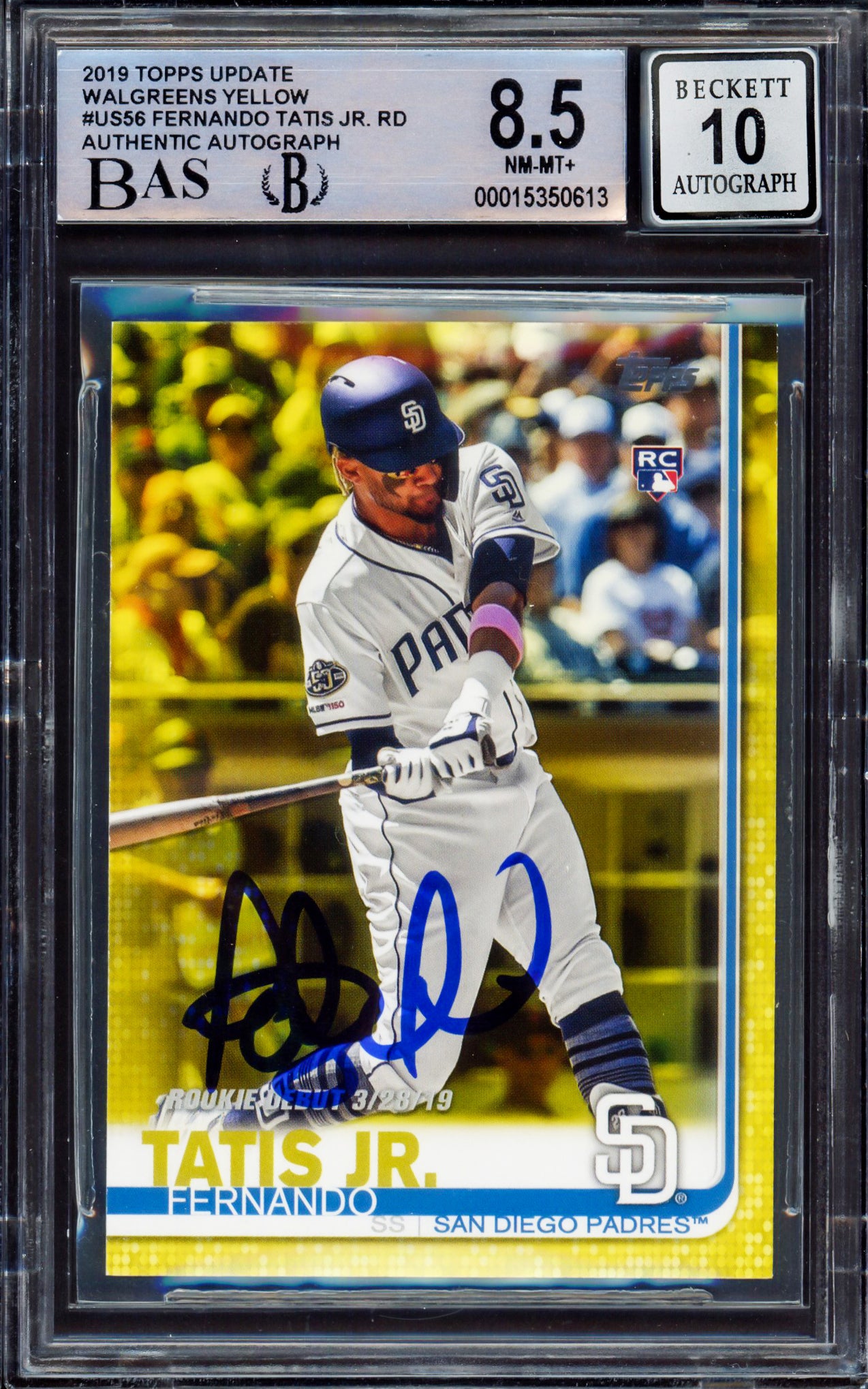 Fernando Tatis Jr. Autographed 2019 Topps Update Walgreens Yellow Rookie Card #US56 San Diego Padres BGS 8.5 Auto Grade Gem Mint 10 Beckett BAS #15350613