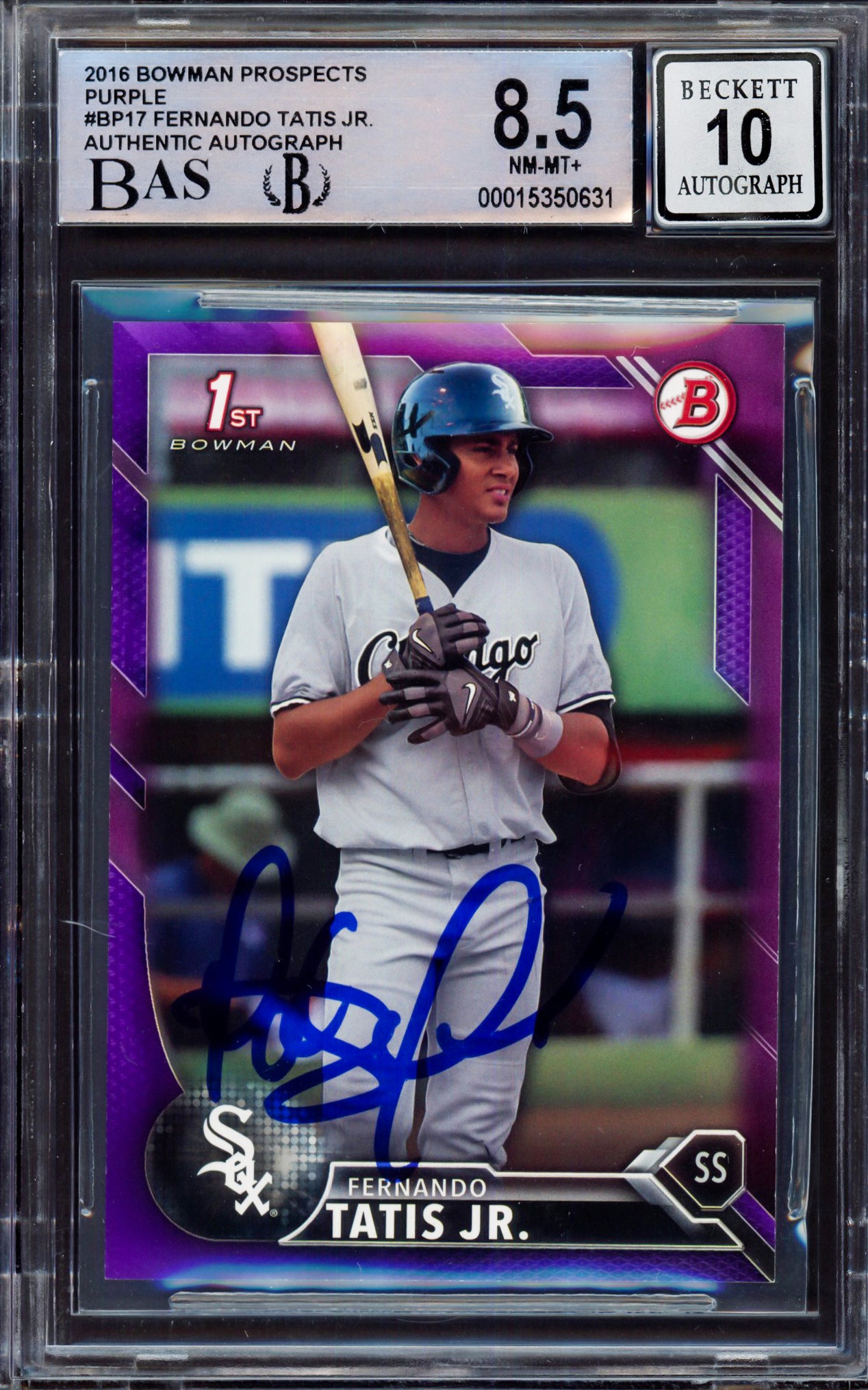 Fernando Tatis Jr. Autographed 2016 Bowman Prospect Purple Rookie Card #BP17 San Diego Padres BGS 8.5 Auto Grade Gem Mint 10 #26/250 Beckett BAS #15350631
