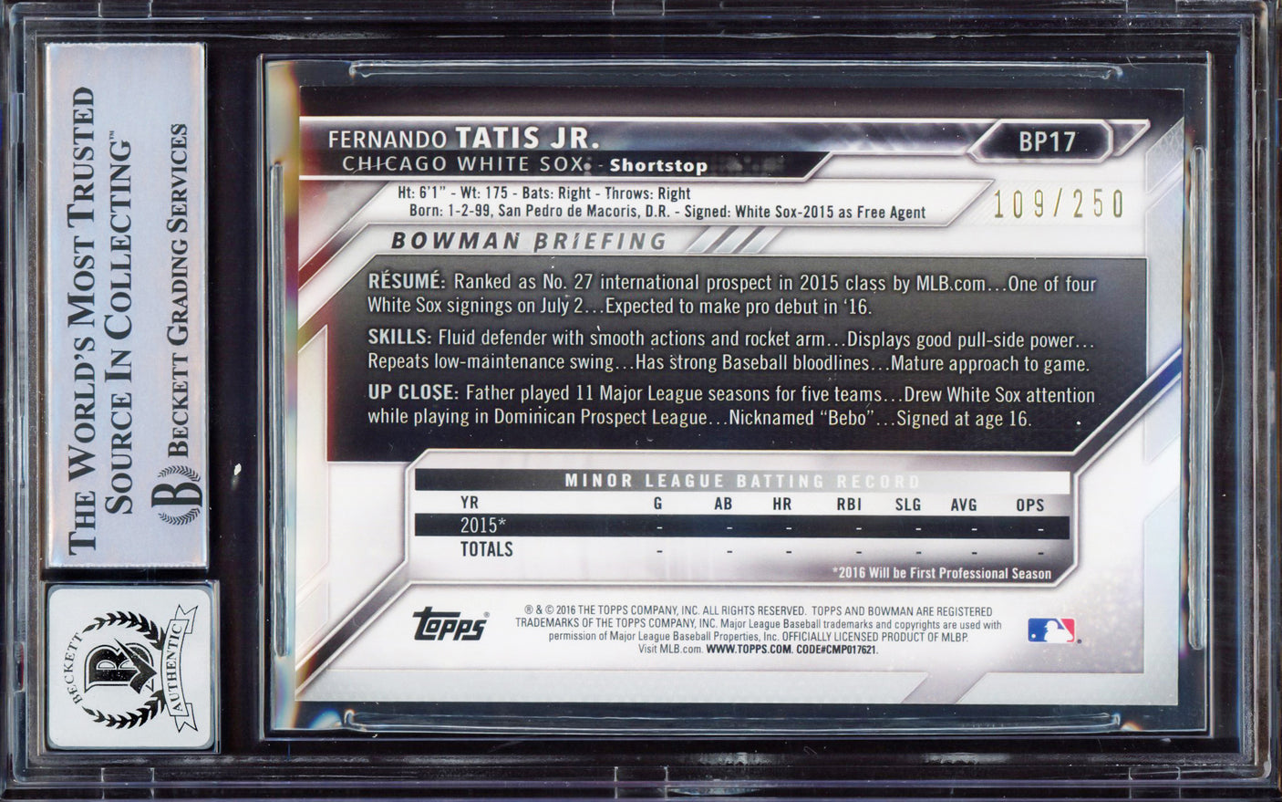 Fernando Tatis Jr. Autographed 2016 Bowman Prospect Purple Rookie Card #BP17 San Diego Padres BGS 8.5 Auto Grade Gem Mint 10 #109/250 Beckett BAS #15350632