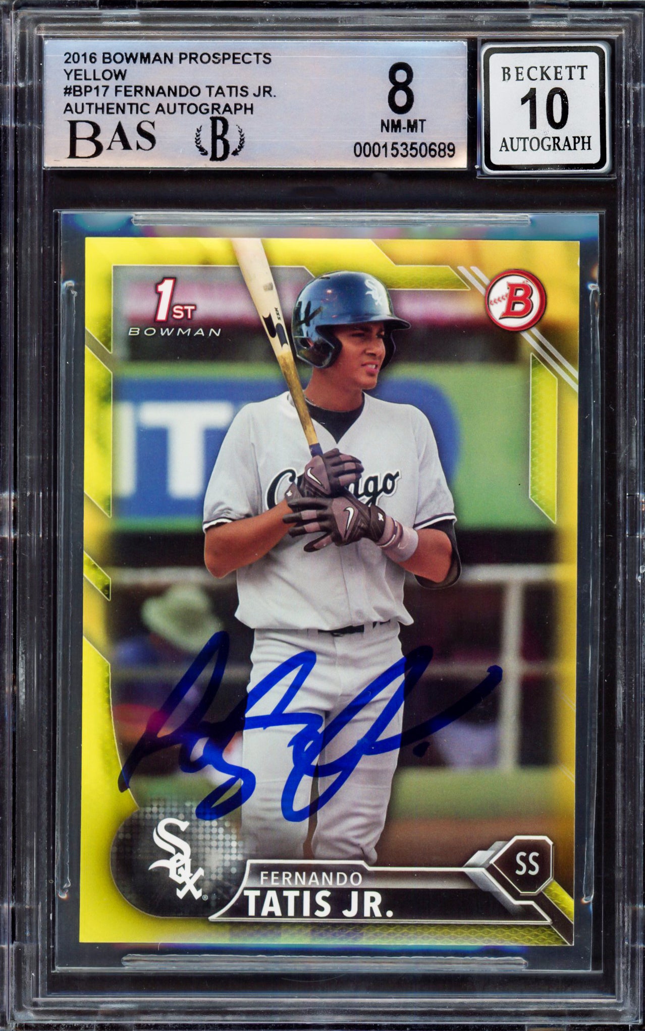 Fernando Tatis Jr. Autographed 2016 Bowman Prospect Yellow Rookie Card #BP17 San Diego Padres BGS 8 Auto Grade Gem Mint 10 Beckett BAS #15350689