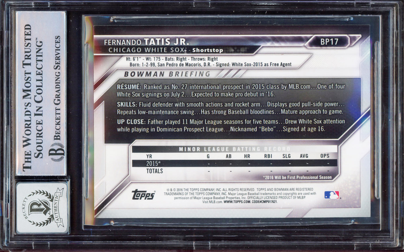 Fernando Tatis Jr. Autographed 2016 Bowman Prospect Yellow Rookie Card #BP17 San Diego Padres BGS 8 Auto Grade Gem Mint 10 Beckett BAS #15350689