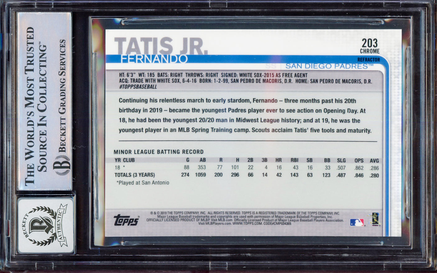 Fernando Tatis Jr. Autographed 2019 Topps Chrome Purple Refractor Rookie Card #203 San Diego Padres BGS 8.5 Auto Grade Gem Mint 10 Beckett BAS #15350636