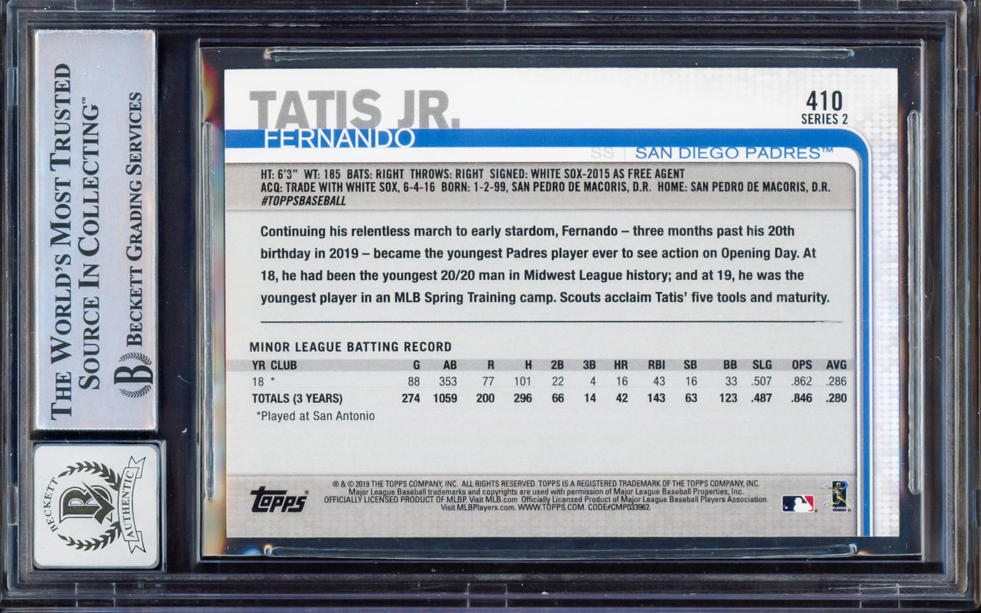 Fernando Tatis Jr. Autographed 2019 Topps All-Star Rookie Card #410 San Diego Padres BGS 9 Auto Grade Gem Mint 10 Beckett BAS #15350433