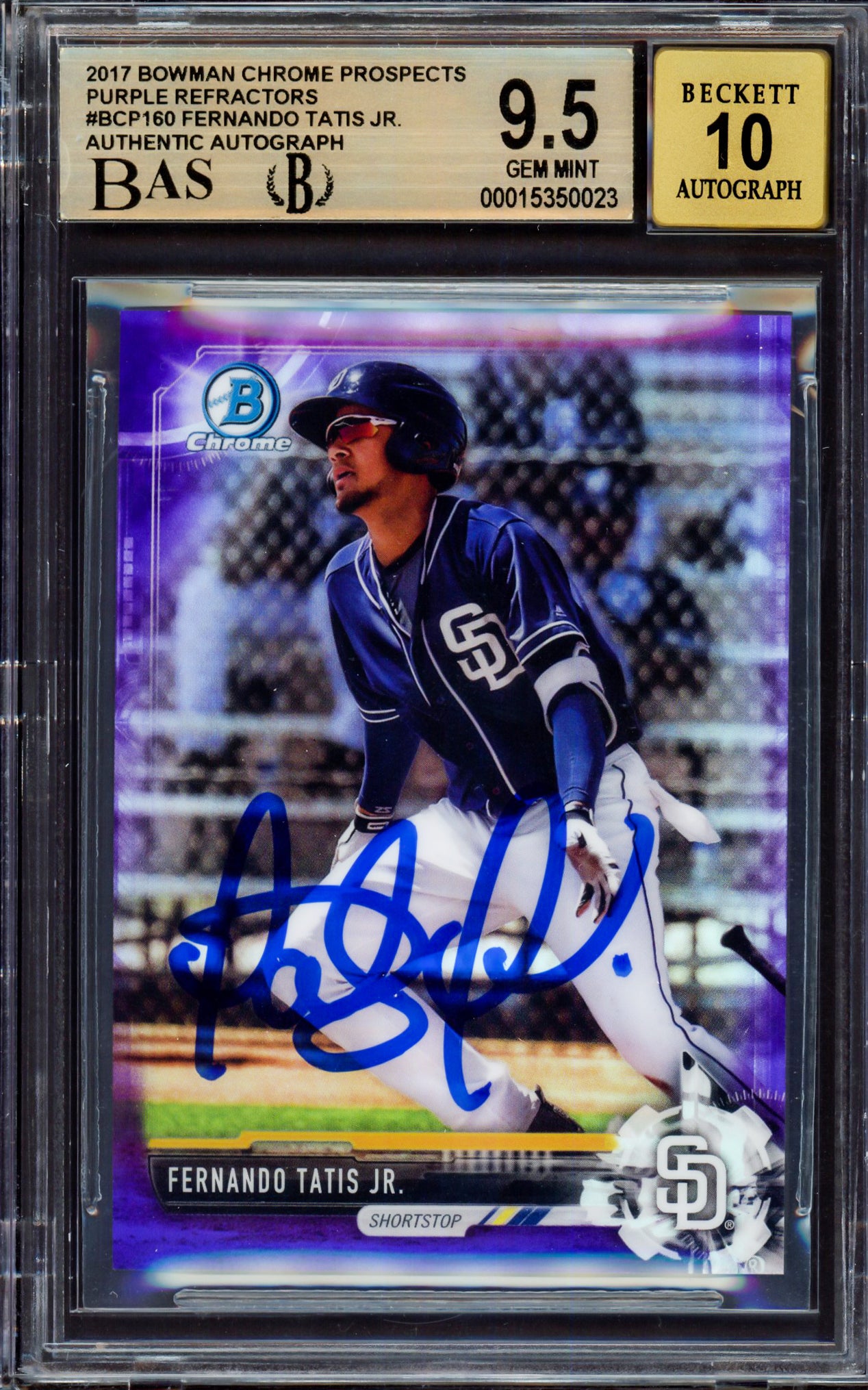 Fernando Tatis Jr. Autographed 2017 Bowman Chrome Prospect Purple Refractor Rookie Card #BCP160 San Diego Padres BGS 9.5 Auto Grade Gem Mint 10 Highest Graded #213/250 Beckett BAS #15350023