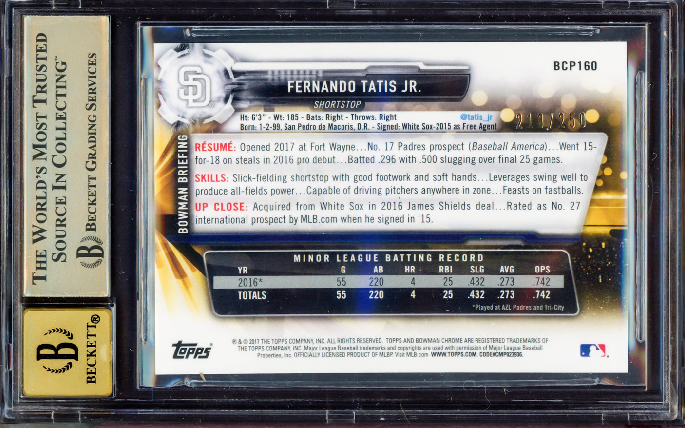 Fernando Tatis Jr. Autographed 2017 Bowman Chrome Prospect Purple Refractor Rookie Card #BCP160 San Diego Padres BGS 9.5 Auto Grade Gem Mint 10 Highest Graded #213/250 Beckett BAS #15350023