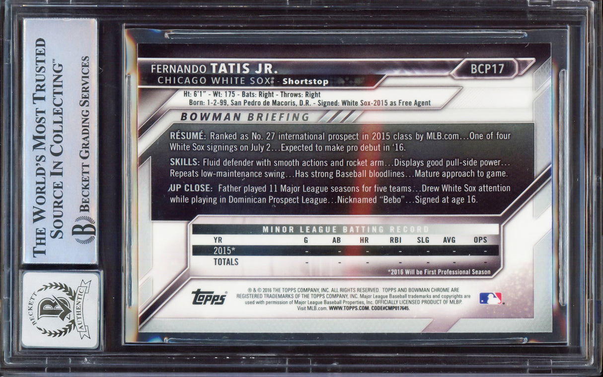 Fernando Tatis Jr. Autographed 2016 Bowman Chrome Prospect Rookie Card #BCP17 San Diego Padres BGS 9 Auto Grade Gem Mint 10 Beckett BAS #15350400