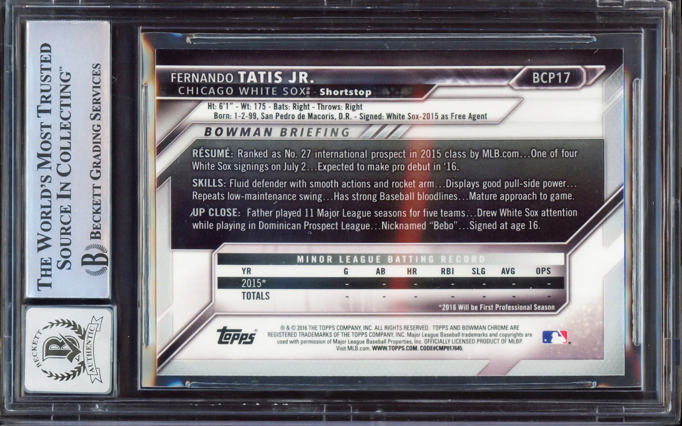 Fernando Tatis Jr. Autographed 2016 Bowman Chrome Prospect Rookie Card #BCP17 San Diego Padres BGS 9 Auto Grade Gem Mint 10 Beckett BAS #15350400