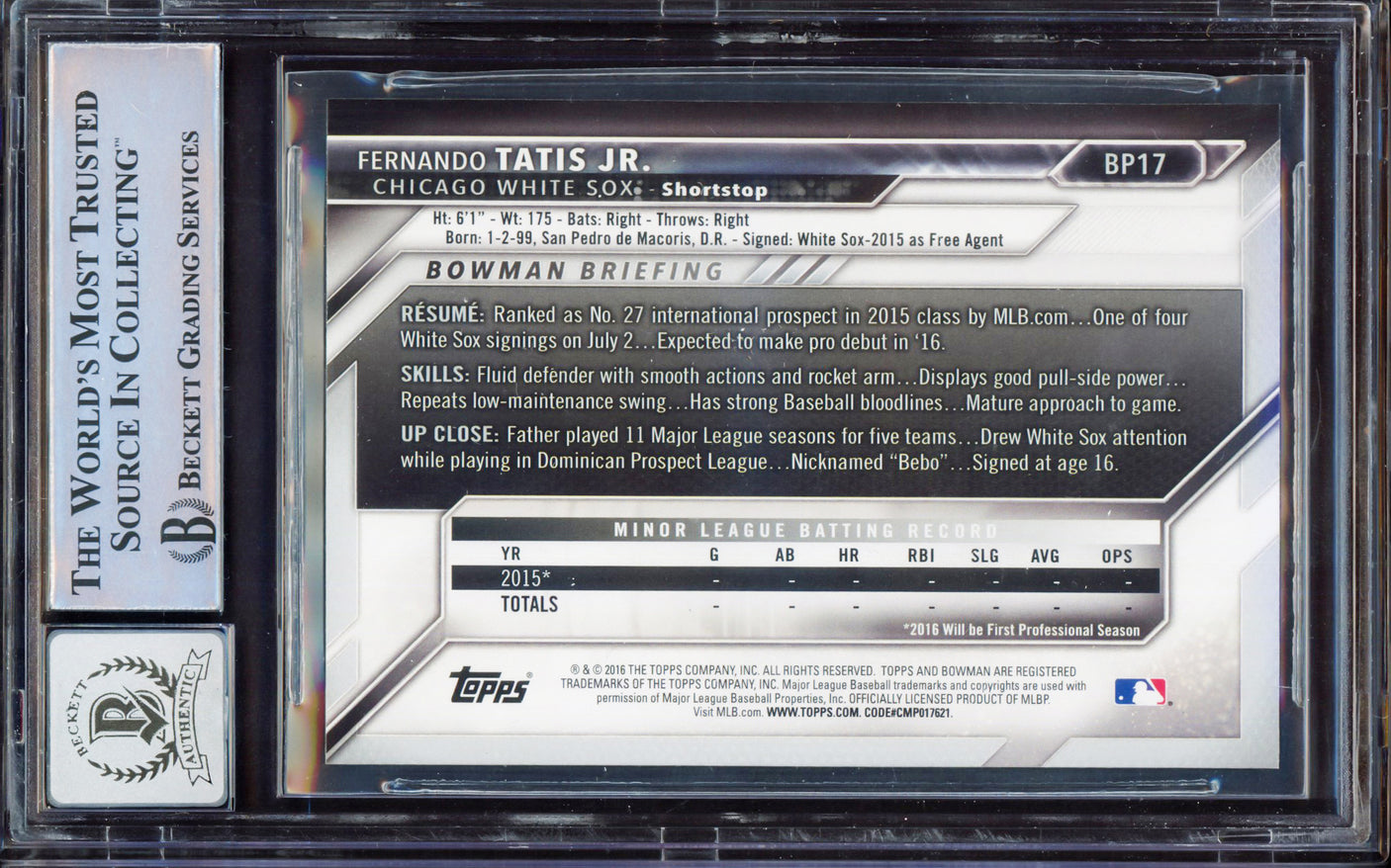 Fernando Tatis Jr. Autographed 2016 Bowman Prospect Rookie Card #BP17 San Diego Padres BGS 8 Auto Grade Gem Mint 10 Beckett BAS #15350664