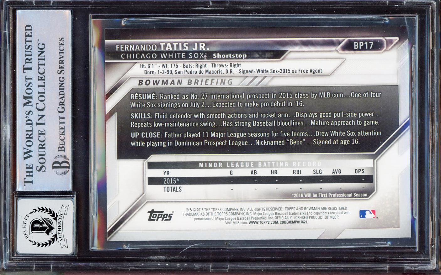 Fernando Tatis Jr. Autographed 2016 Bowman Prospect Rookie Card #BP17 San Diego Padres BGS 8 Auto Grade Gem Mint 10 Beckett BAS #15350663