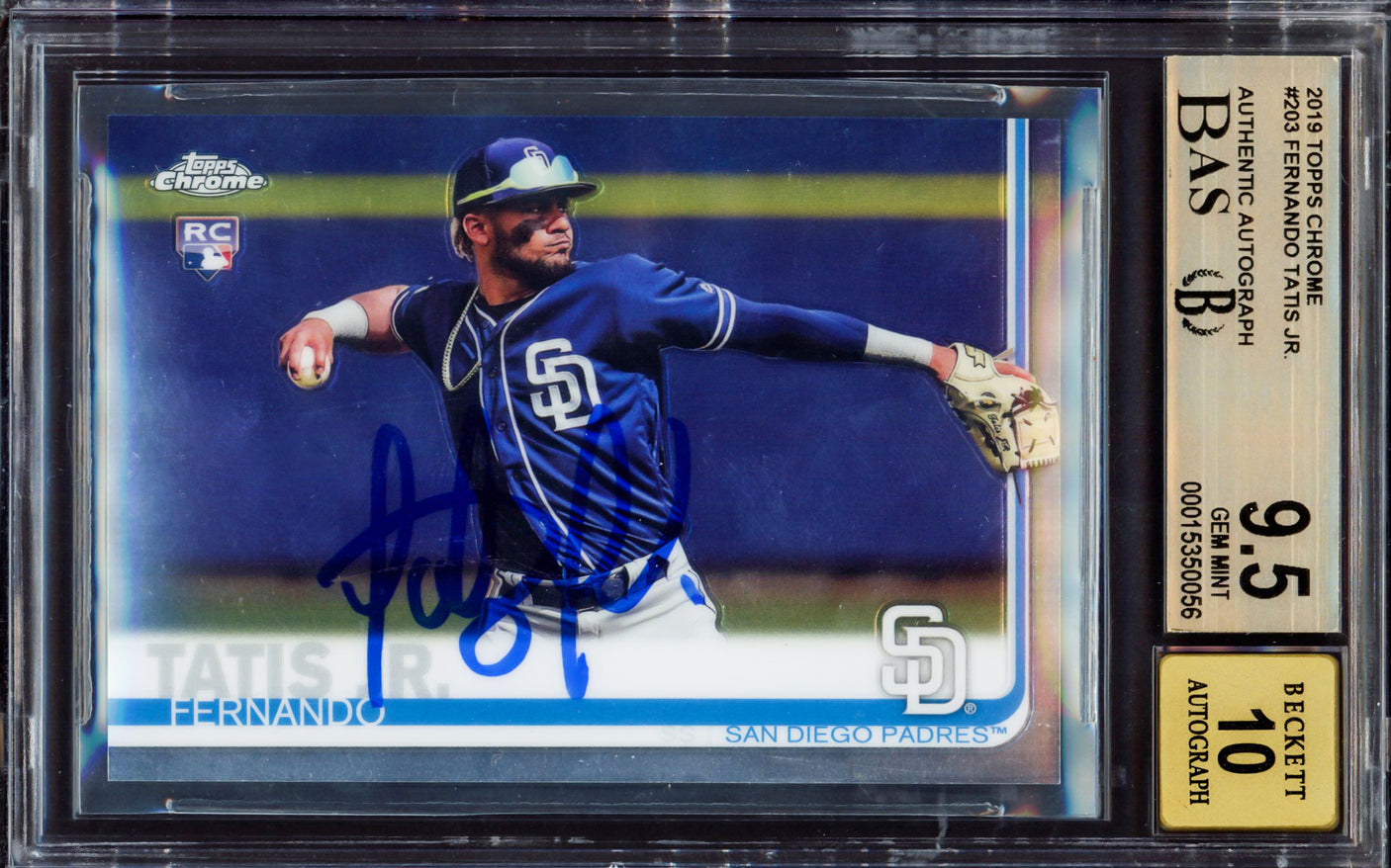 Fernando Tatis Jr. Autographed 2019 Topps Chrome Rookie Card #203 San Diego Padres BGS 9.5 Auto Grade Gem Mint 10 Highest Graded Beckett BAS #15350056