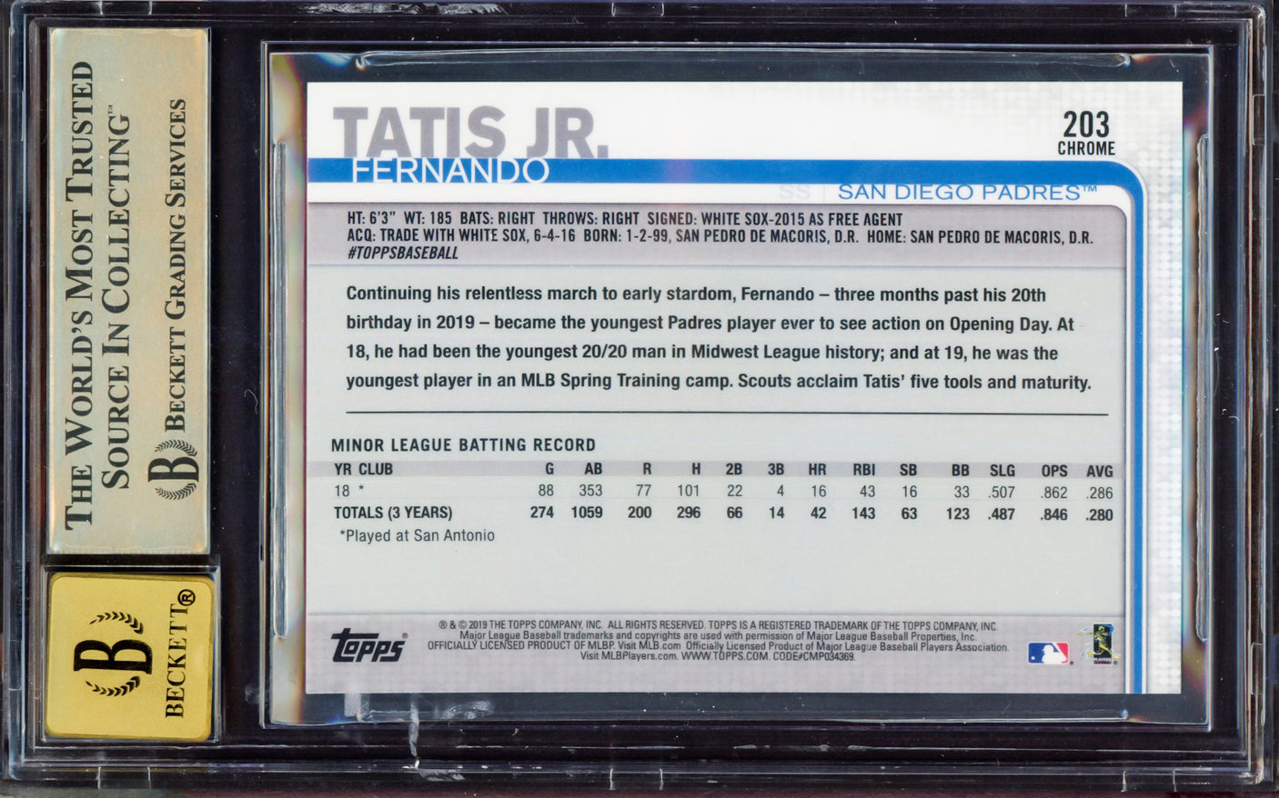Fernando Tatis Jr. Autographed 2019 Topps Chrome Rookie Card #203 San Diego Padres BGS 9.5 Auto Grade Gem Mint 10 Highest Graded Beckett BAS #15350056
