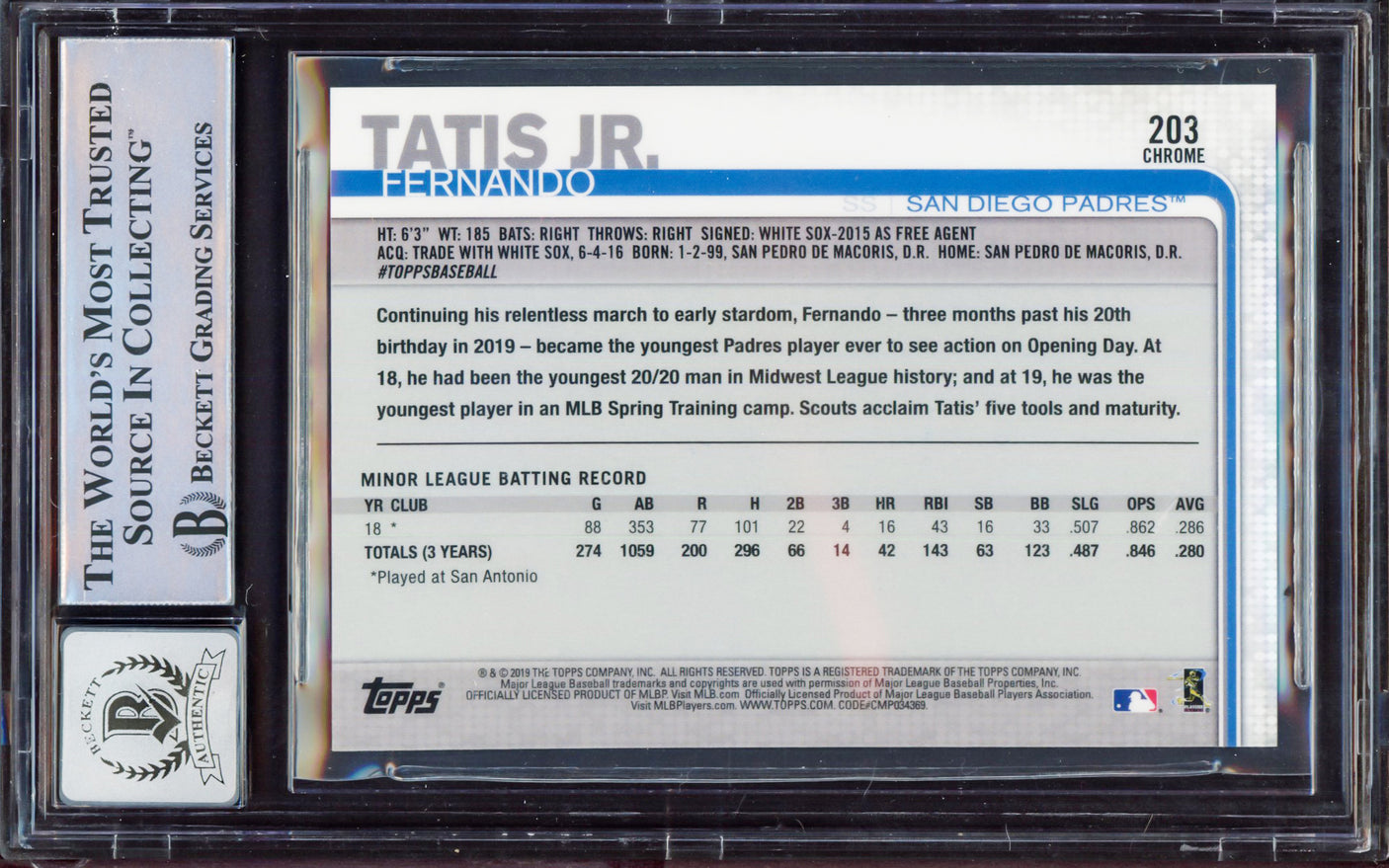 Fernando Tatis Jr. Autographed 2019 Topps Chrome Rookie Card #203 San Diego Padres BGS 8 Auto Grade Gem Mint 10 Beckett BAS #15350703