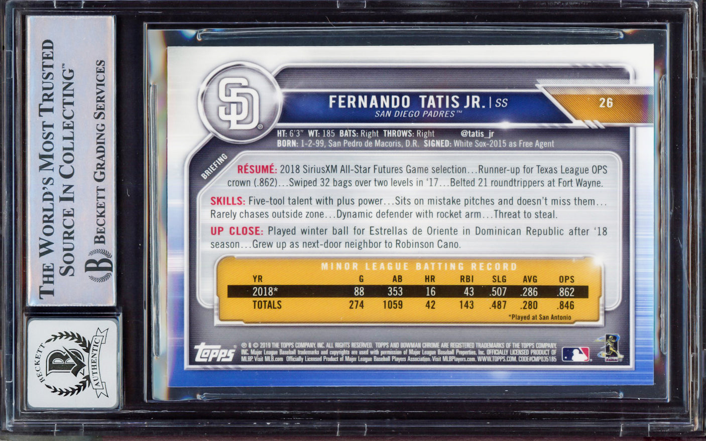 Fernando Tatis Jr. Autographed 2019 Bowman Chrome Rookie Card #26 San Diego Padres BGS 8.5 Auto Grade Gem Mint 10 Beckett BAS #15350637
