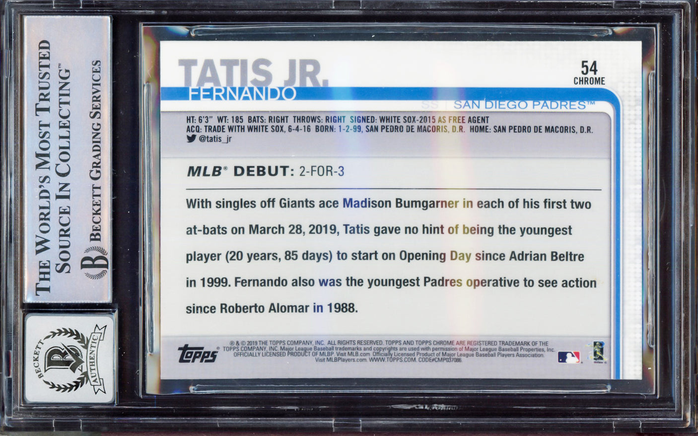 Fernando Tatis Jr. Autographed 2019 Topps Chrome Update Rookie Card #54 San Diego Padres BGS 8.5 Auto Grade Gem Mint 10 Beckett BAS #15350577