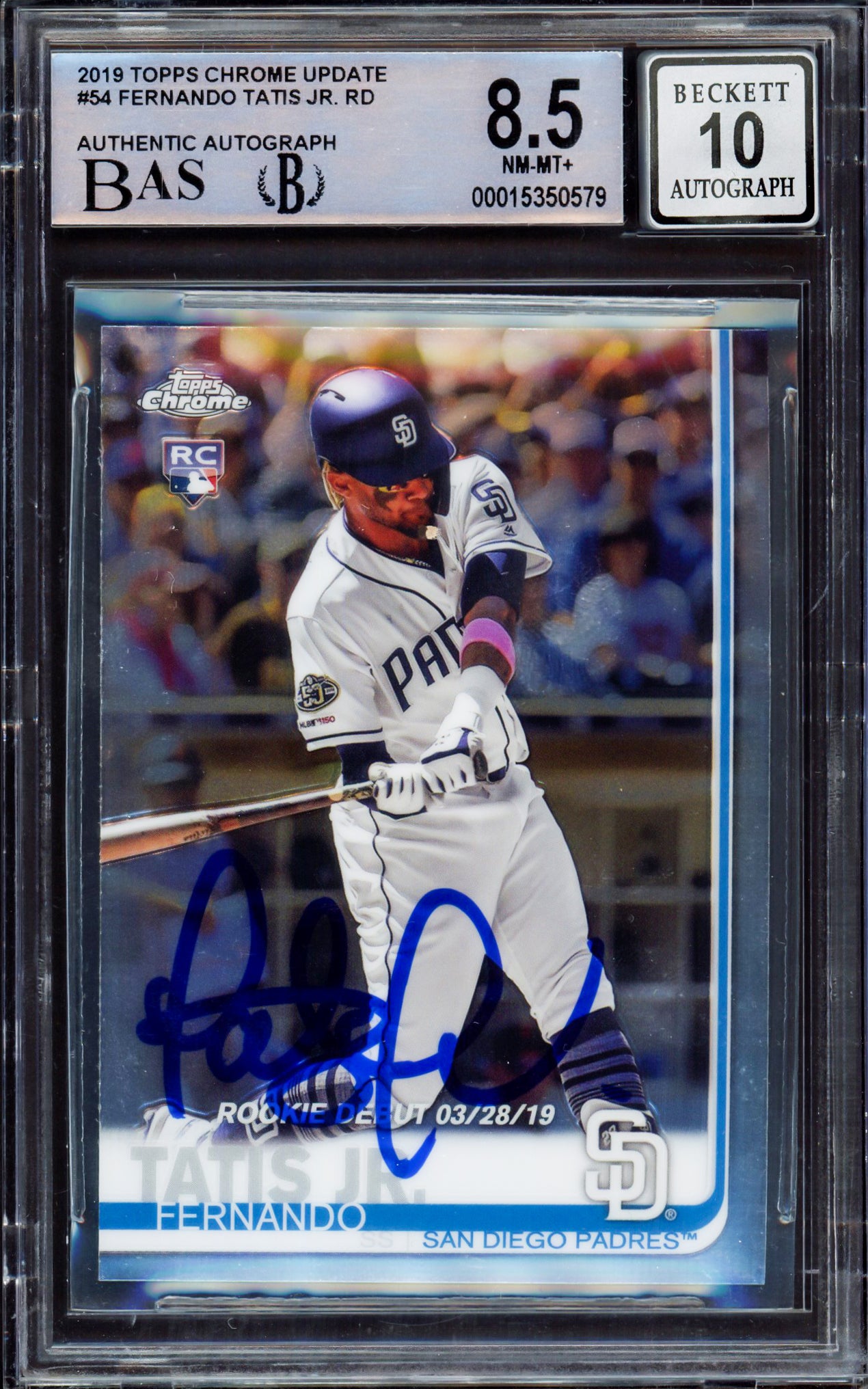 Fernando Tatis Jr. Autographed 2019 Topps Chrome Update Rookie Card #54 San Diego Padres BGS 8.5 Auto Grade Gem Mint 10 Beckett BAS #15350579