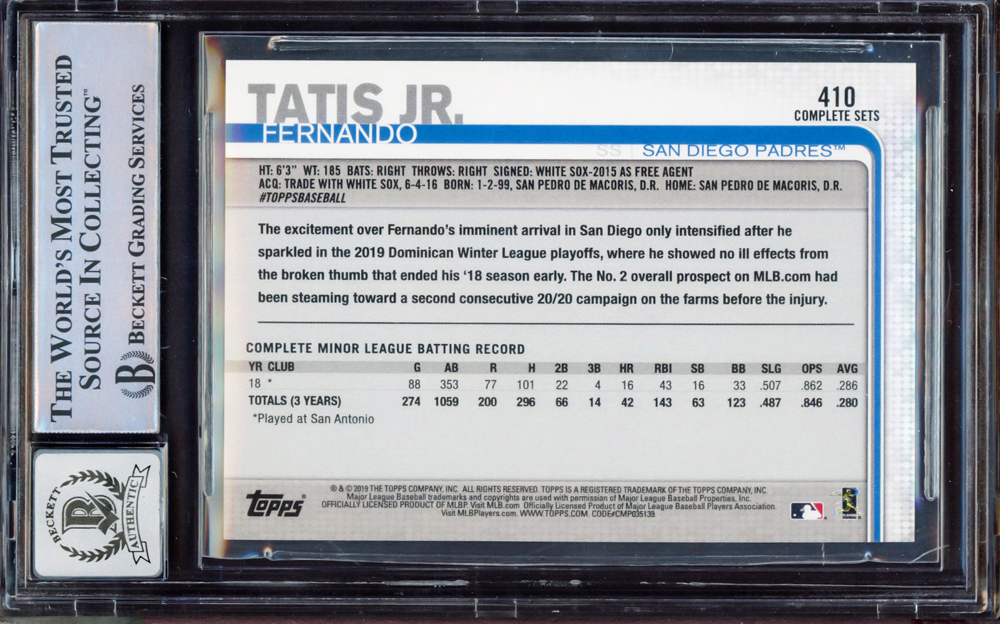 Fernando Tatis Jr. Autographed 2019 Topps Complete Sets Rookie Card #410 San Diego Padres BGS 9 Auto Grade Gem Mint 10 Beckett BAS #15350415