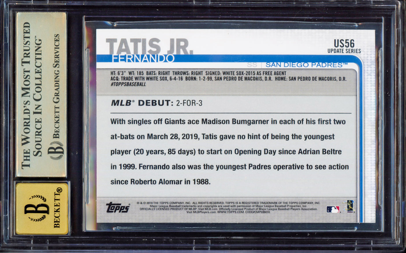 Fernando Tatis Jr. Autographed 2019 Topps Update 150th Anniversary Rookie Card #US56 San Diego Padres BGS 9.5 Auto Grade Gem Mint 10 Highest Graded Beckett BAS #15349991