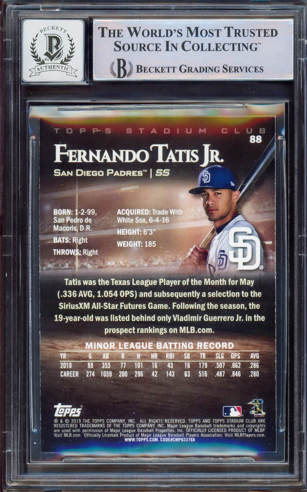Fernando Tatis Jr. Autographed 2019 Topps Stadium Rookie Card #88 San Diego Padres BGS 8.5 Auto Grade Gem Mint 10 Beckett BAS #15350610