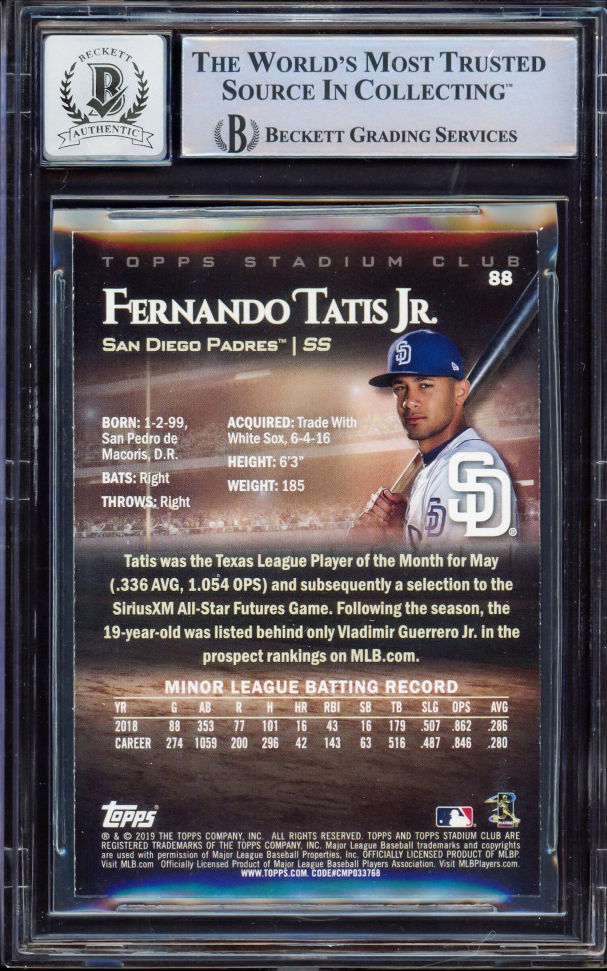 Fernando Tatis Jr. Autographed 2019 Topps Stadium Rookie Card #88 San Diego Padres BGS 8.5 Auto Grade Gem Mint 10 Beckett BAS #15350611