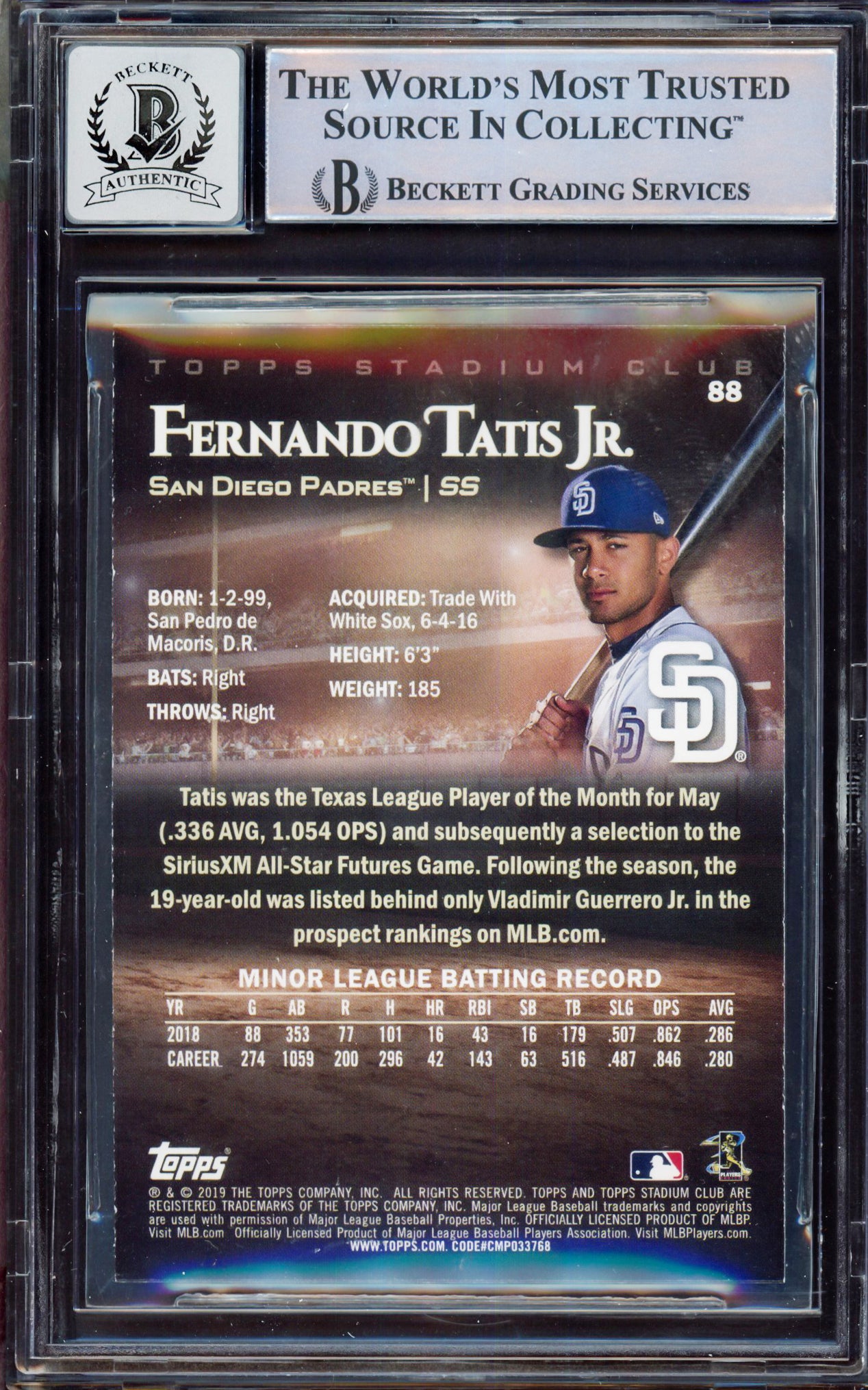 Fernando Tatis Jr. Autographed 2019 Topps Stadium Rookie Card #88 San Diego Padres BGS 8.5 Auto Grade Gem Mint 10 Beckett BAS #15350612