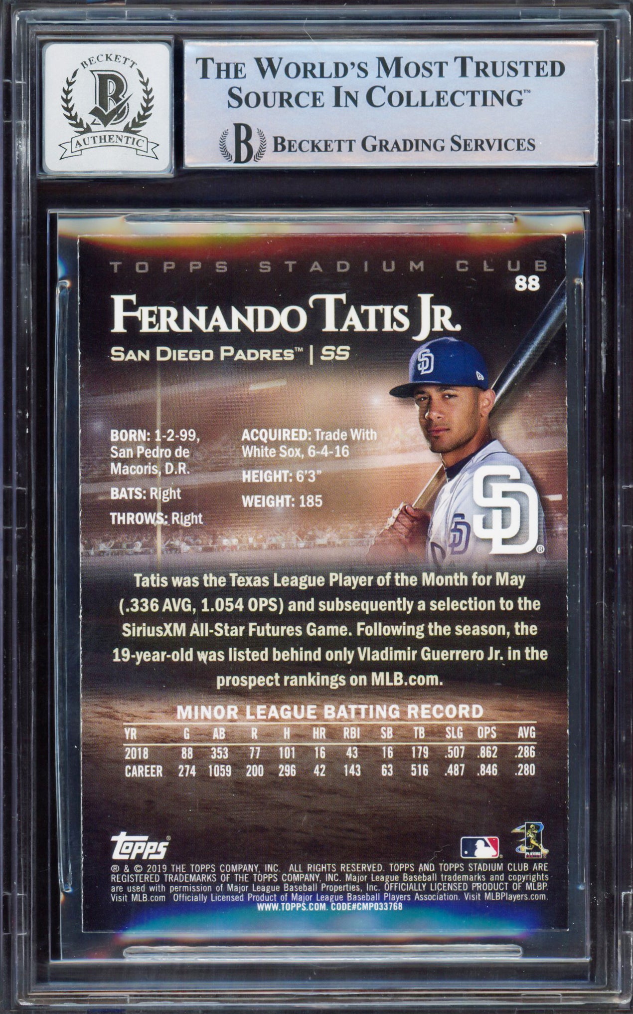 Fernando Tatis Jr. Autographed 2019 Topps Stadium Rookie Card #88 San Diego Padres BGS 8 Auto Grade Gem Mint 10 Beckett BAS #15350682