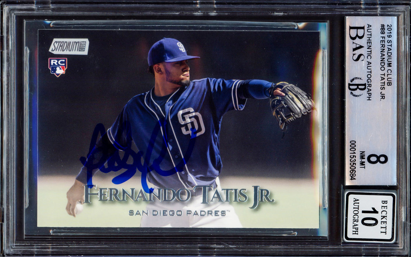 Fernando Tatis Jr. Autographed 2019 Topps Stadium Rookie Card #88 San Diego Padres BGS 8 Auto Grade Gem Mint 10 Beckett BAS #15350684