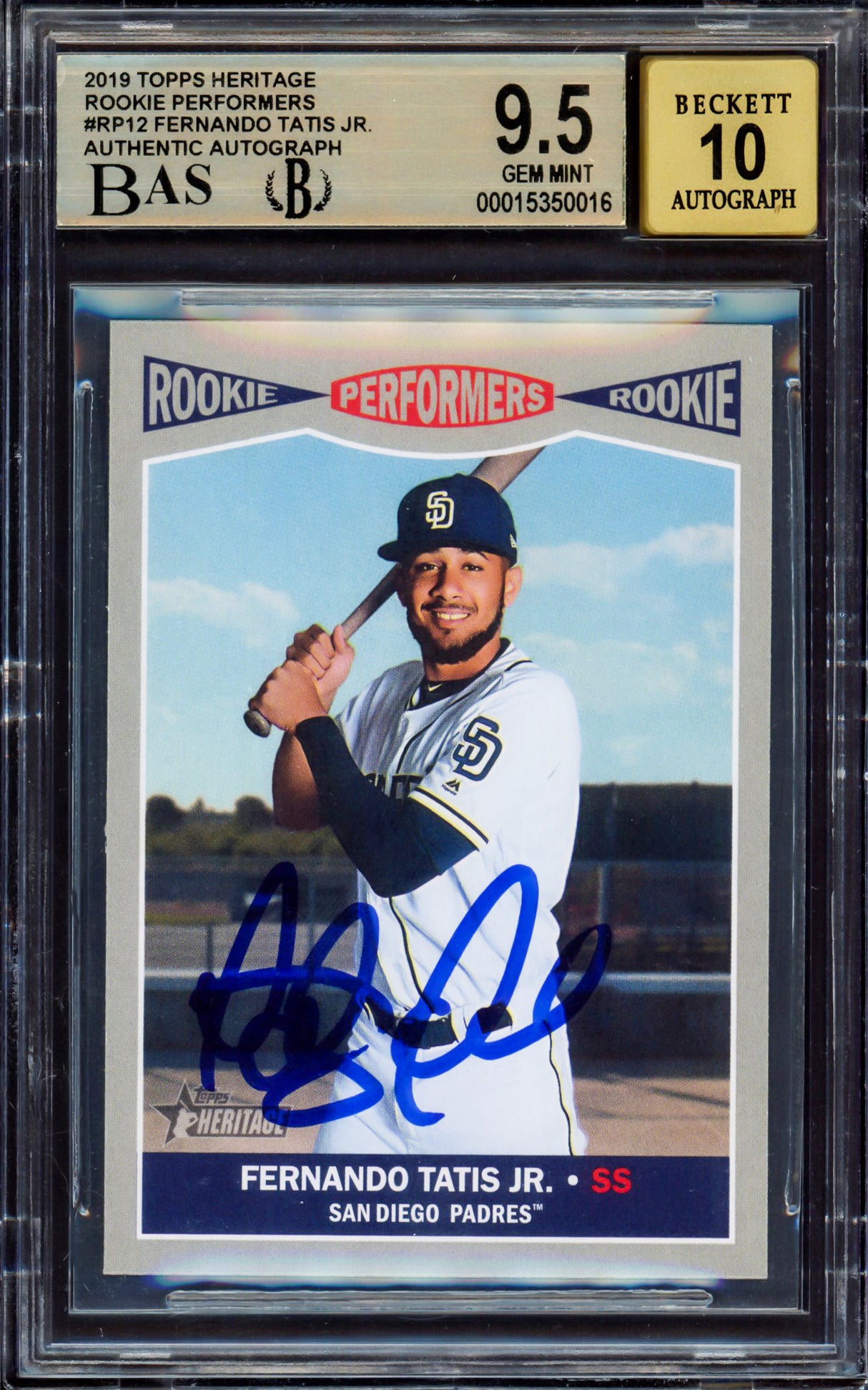 Fernando Tatis Jr. Autographed 2019 Topps Heritage Rookie Performers Rookie Card #RP-12 San Diego Padres BGS 9.5 Auto Grade Gem Mint 10 Beckett BAS #15350016
