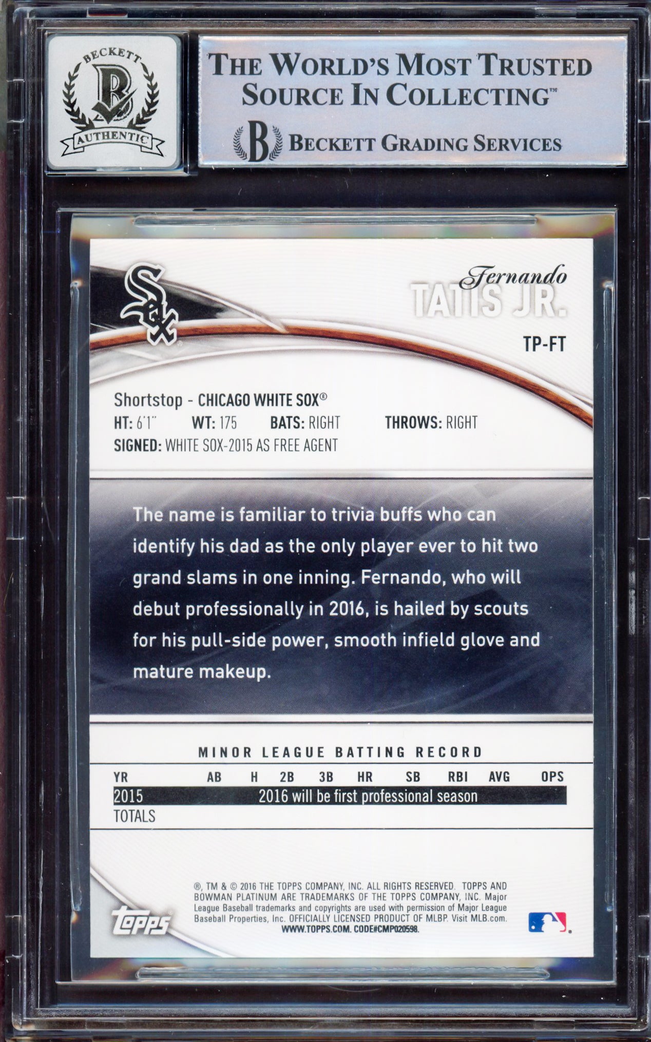 Fernando Tatis Jr. Autographed 2016 Bowman Platinum Rookie Card #TP-FT San Diego Padres BGS 9 Auto Grade Gem Mint 10 Beckett BAS #15350428