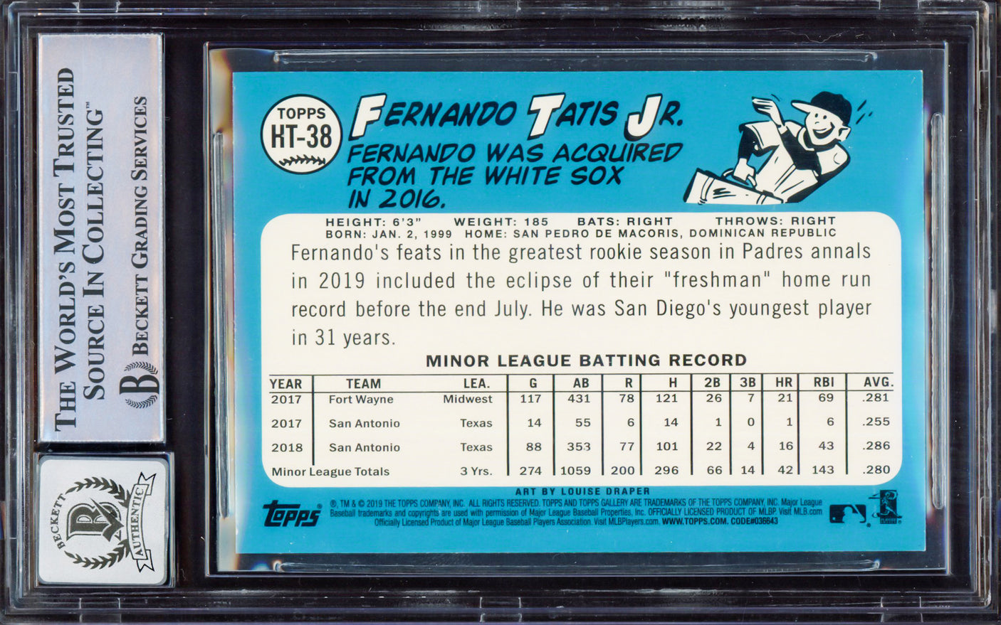 Fernando Tatis Jr. Autographed 2019 Topps Gallery Rookie Card #HT-38 San Diego Padres BGS 8.5 Auto Grade Gem Mint 10 Beckett BAS #15350582