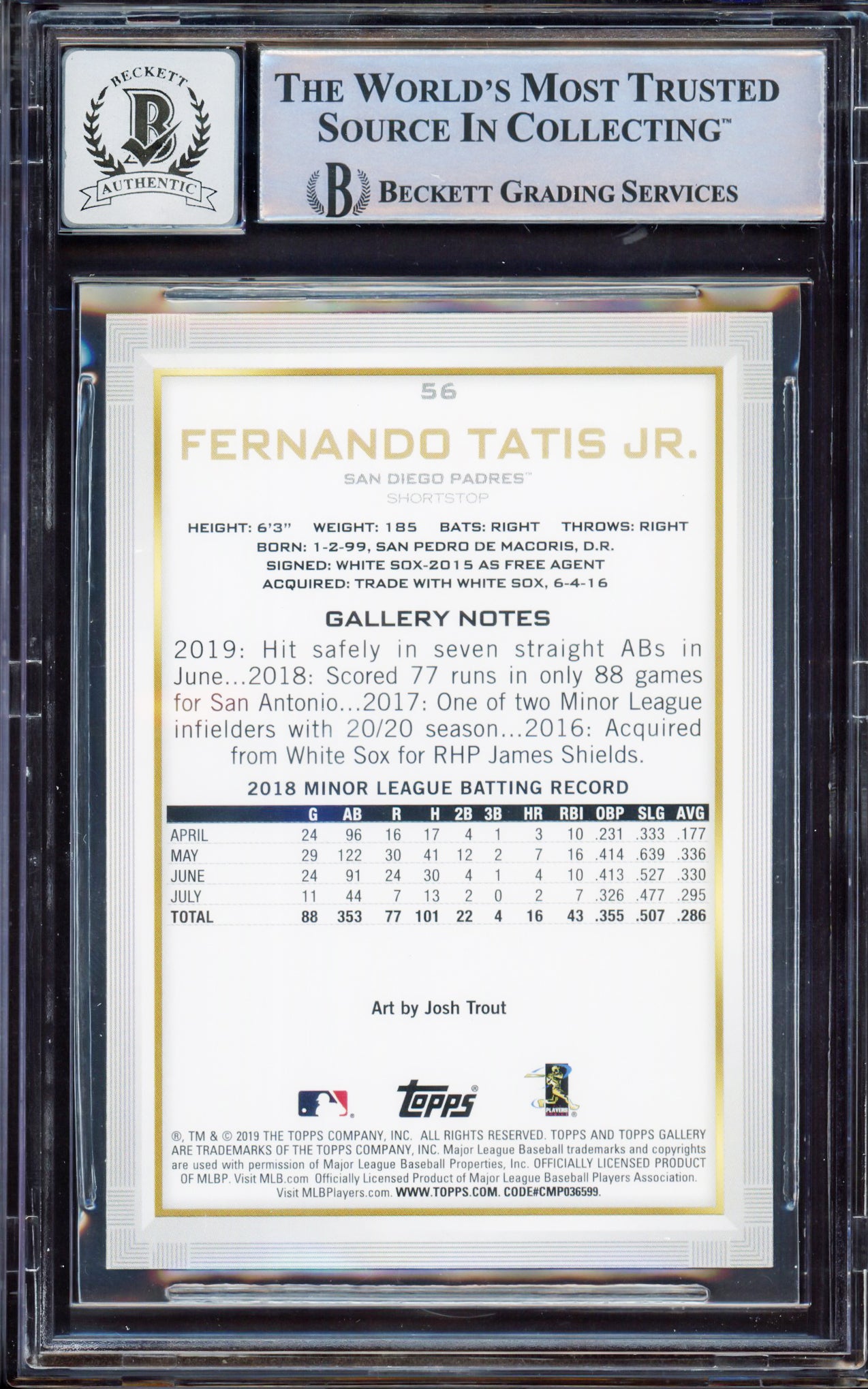 Fernando Tatis Jr. Autographed 2019 Topps Gallery Rookie Card #56 San Diego Padres BGS 9 Auto Grade Gem Mint 10 Beckett BAS #15350420