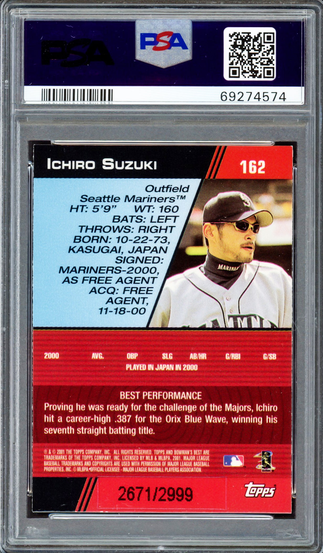Ichiro Suzuki Autographed 2001 Bowman's Best Rookie Card #162 Seattle Mariners "01 ROY/MVP" #2671/2999 PSA/DNA #69274574