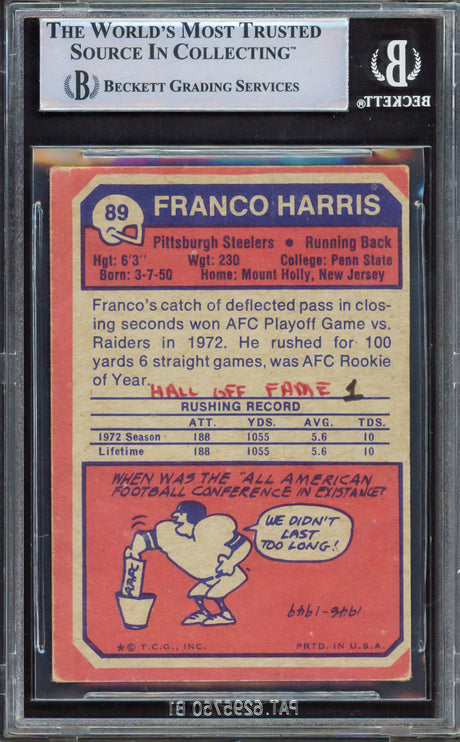Franco Harris Autographed 1973 Topps Rookie Card #89 Pittsburgh Pirates Beckett BAS #14826367