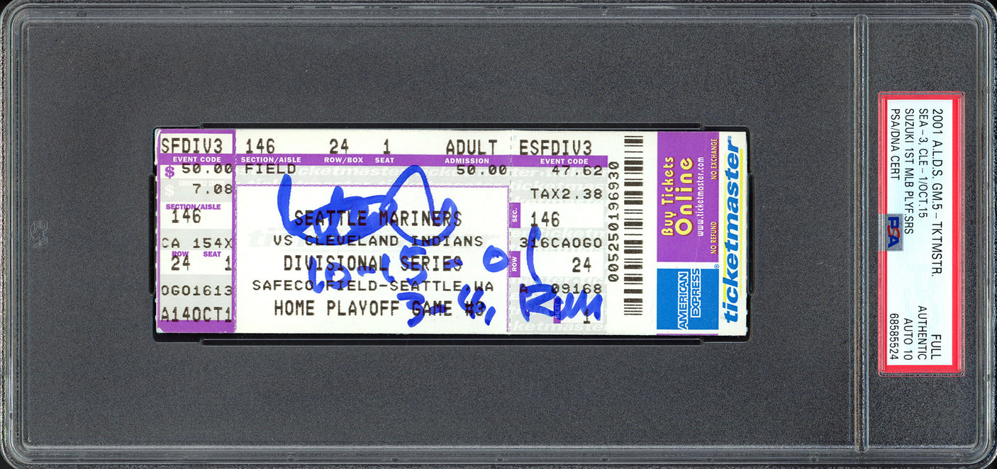 Ichiro Suzuki Autographed 2001 ALDS Game 5 Ticket Stub Seattle Mariners Auto Grade Gem Mint 10 "10-15-01 3-4, Run" PSA/DNA #68585524