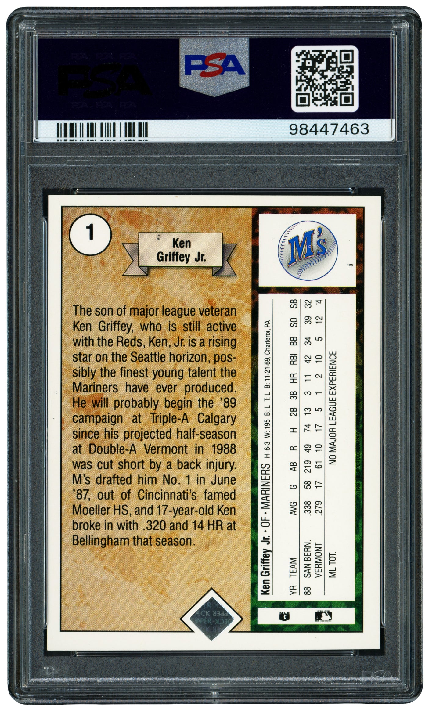 Ken Griffey Jr. Autographed 1989 Upper Deck Rookie Card #1 Seattle Mariners Auto Grade Gem Mint 10 PSA/DNA Stock #238800