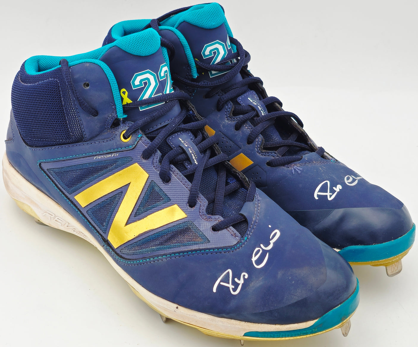 Robinson Cano Autographed Pair of Game Used Blue, Gold & Teal New Balance Revlite Cleats Seattle Mariners PSA/DNA #7A96537 & 7A96538