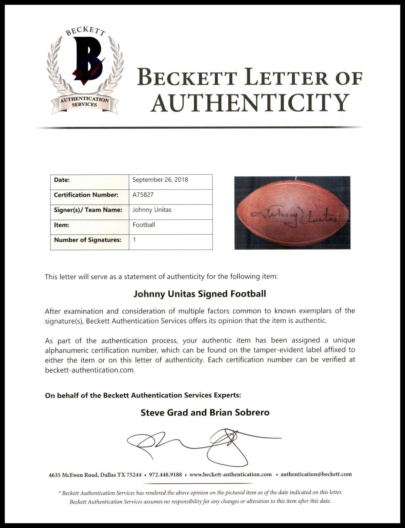 Johnny Unitas Autographed Official NFL Leather Football Baltimore Colts Beckett BAS #A75827