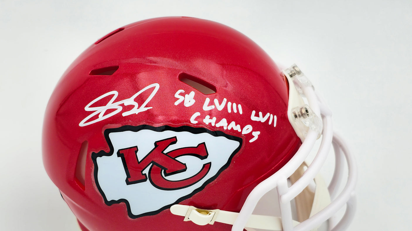 Skyy Moore Autographed Kansas City Chiefs Red Speed Mini Helmet "SB LVII LVIII Champs" Beckett BAS Witness Stock #224838