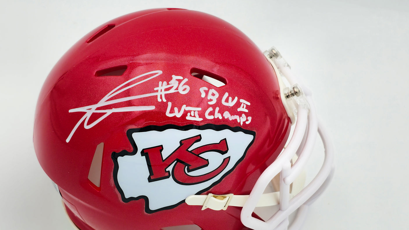 George Karlaftis Autographed Kansas City Chiefs Red Speed Mini Helmet "SB LVII LVIII Champs" Beckett BAS Witness Stock #224842